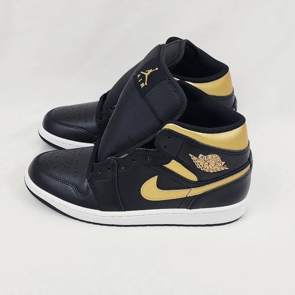 Air Jordan 1 Mid Sneakers Black/White/Metallic Gold